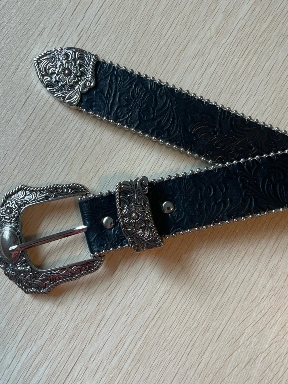 Vintage Black Tooled Leather Belt with Ornate Silver Buckle